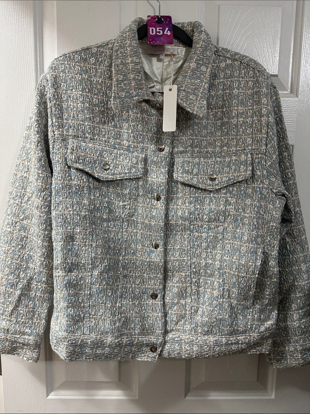 Olivaceous Light Blue and Cream Tweed Button-Front Jacket